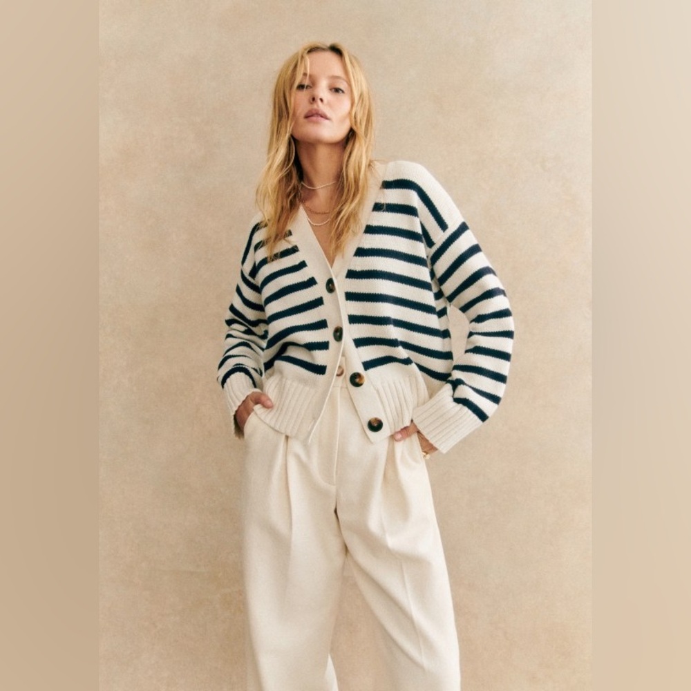 SÉZANE Wool Cotton Blend “Wilson” Cardigan | Ecru/Navy Stripes - Picture 3 of 13